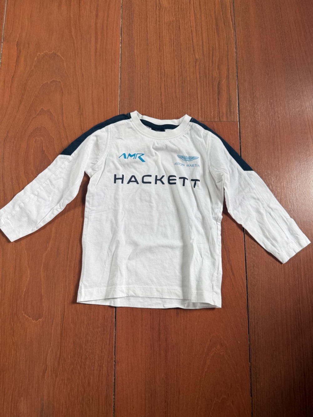 Hackett White Long-Sleeve Tee with Navy Shoulder Stripes and Blue Logo
